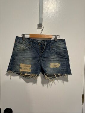 Robin's Jean Distressed Dark Blue Denim Cutoff Shorts **no black logo**